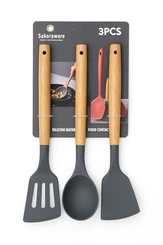 Image of Sakoraware Silicone Spatula Set with Wooden Handle Kitchen Tools Mixing | Serving Cooking Spoon | Turner | Soup Ladle | Non-Stick | BPA Free Kitchen Tools Set of 3 (Black)