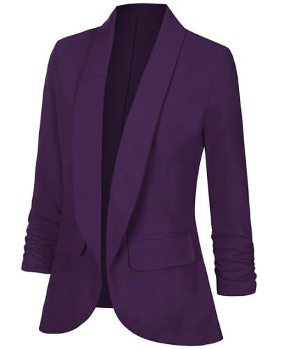Women's Casual Open Front Blazers Shawl Lapel Ruched 3/4 Sleeve Office Lightweight Blazer Jackets with Pockets2