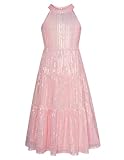 GRACE KARIN Girls Pink Sequin Party Dress Princess Maxi Formal Prom Dress, Pink Multicolored 14Y