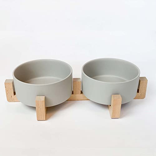 Paw Made ポーメイド 犬 猫 ペット用食器 木製 スタンド付き セラミックダブルボウル グレー M 0105