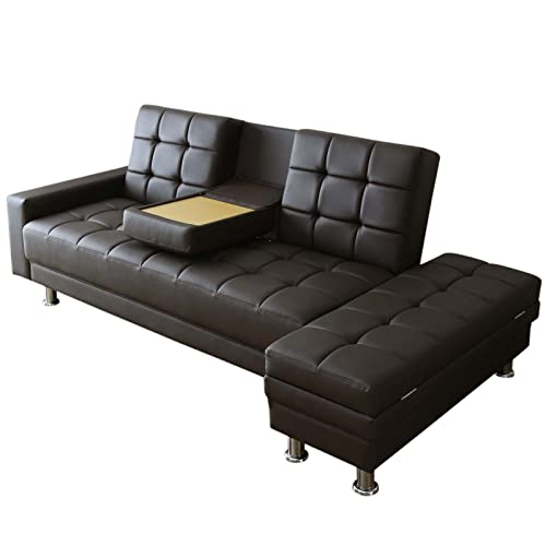 DORIS ドリス ソファーベッド シングル 収納 3人掛け 幅208 奥行70 高さ80 フロアソファ リビングソファ リクライニング サイドテーブル付き 収納付き オットマン スツール リビング レザー ブラウン コンフォルト【18305】