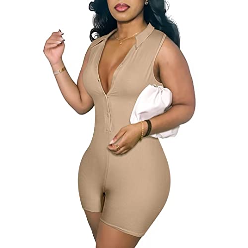 Eojn Women's Sexy Sleeveless Bodycon Jumpsuit, Knitted One Piece Skinny Button Down Rompers Bodysuit Brown #TOP11