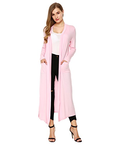 Mixfeer Womens Casual Knit Cardigan Maxi Sweaters Open Front Lightweight Coat with Long Sleeve Pink