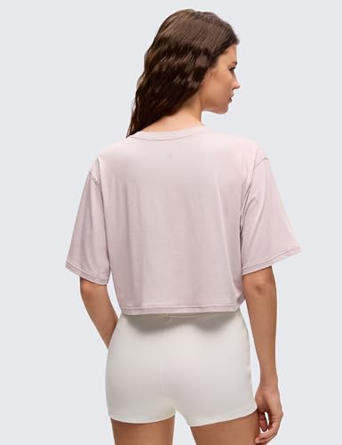 Image of CRZ YOGA Pima Cotton High Neck Crop T-Shirt | Workout, Naturally Soft, Loose Fit, Short Sleeve Tops for Women