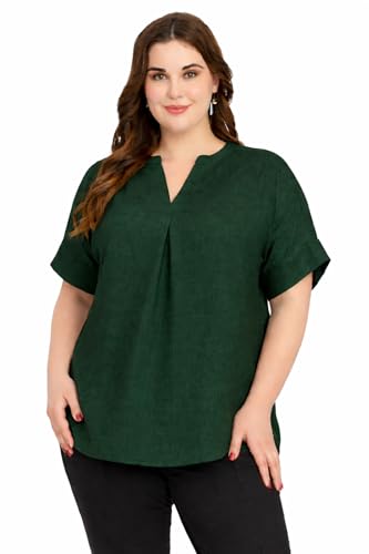 Image of SINDOORI Relaxed Fit Tops for Women Plus Size Solid Printed Mandarin Collar, Band Collar, V-Neck Top, Half Sleeve Loose Fit