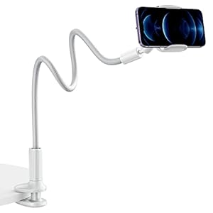 SAIJI Gooseneck Phone Holder for Bed Overall Length 38.6″ Flexible Leather Wrapped Arm Overhead Cell Phone Mount Stand with 360° Adjustable Clamp Clip, Compatible with All 4-7″ Cellphones (Grey)