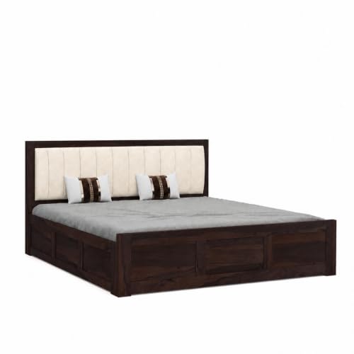 Image of SONA ART & CRAFTS Veronica Solid Sheesham Wood Bed Queen Size with Storage Box + 2 Side Tables | Wooden Bed Queen Size Cot | Upholstered Beds | Double Bed with Storage Box - Walnut Finish