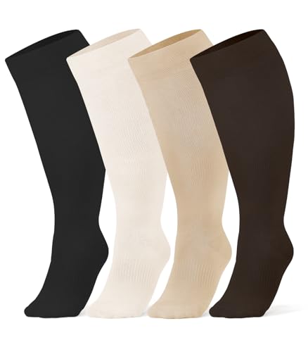 Breslatte Wide Calf Compression Socks for Women Men Plus Size 10-14 mmHg Circulation Knee High Support Stockings 4Pair-07 Black/Beige/Nude/Brown X-Large-XX-Large
