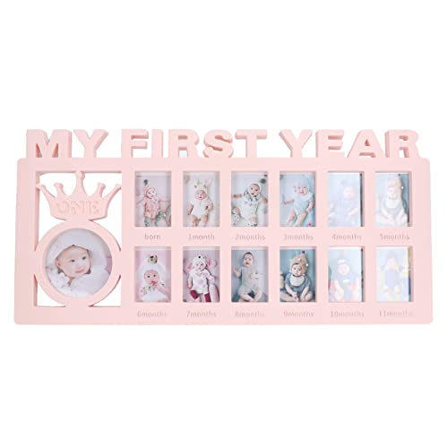 My First Year Picture Frame, Monthly Exquisite Baby Keepsake Frame Stable Decorative Baby Photo Frame with 12 Small Picture Frames for Newborn Girls and Boys, New Parent, Home or Nursery Decor(Pink)