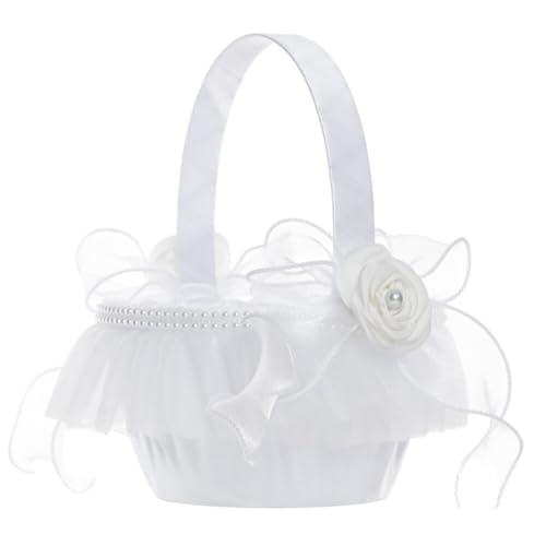 Wedding Flower Girl Baskets with Cute Pearl Bowknot Satin Flower Baskets Storage Basket Rustic Decorative Flower Basket for Wedding