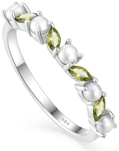 YL Freshwater Pearl Birthstone Eternity Stackable Ring, Solid 925 Sterling Silver 18K White Gold Plated Jewelry Gifts for Women
