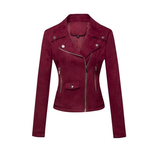 ANUFER Femmes Simili Cuir Suédé Veste de Motard Refroidir Fermeture éclair Croisée Manteau Court SD5A1212 Bourgogne XL