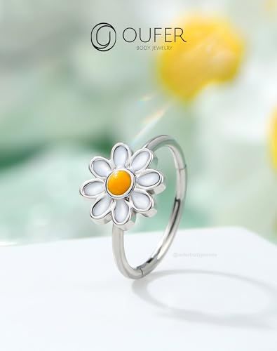 OUFER Nose Rings Hoops, 316L Surgical Steel Hinged Segment Nose Rings 20G, Silver Gold Nose Rings with Cute Daisy Design, Nose Nostril Piercing Jewelry for Women and Men4