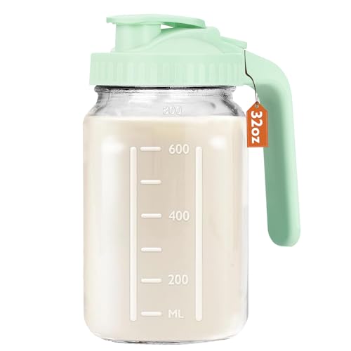 Image of Mihlapi Breast Milk Pitcher, 32 OZ Mason Jar Pitcher with Lid Double Leak Proof,1 Quart Breastmilk Storage Containers for Fridge, Glass Jug for Sun Tea, Juice, Cold Brew Coffee