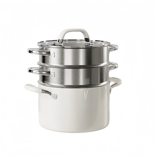 AOUTN蒸し器。一段、二段、三段。304ステンレス鋼製。厚みのある蒸し器バスケットは大容量で蓋付き。様々な熱源に対応し、家庭用にも業務用にも最適です。 (22CM,鍋 + 蓋 +双層ケージ)