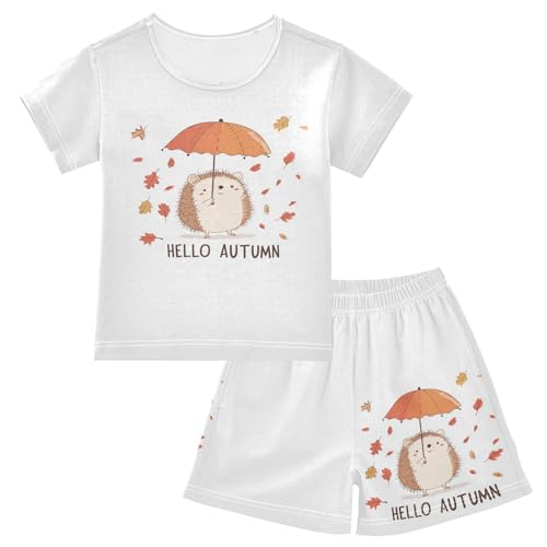 Fall Leaves Hedgehog White Pajama Set Short Sleeve Summer Pajamas Shorts Sets PJ Clothes Set Soft 5Y