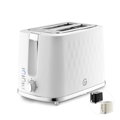 Swan Hexton Variable Width 2 Slice Toaster 7 Browning Levels Cancel/Reheat/Defrost Removable Crumb Tray Cord Storage 900W White with Chrome Accents ST19037WHT