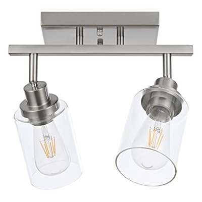 MELUCEE 2 Light Rotatable Track Lighting Kit Spotlight Semi Flush Mount Ceiling Light, Brushed Nickel Bathroom Lights Wall Scone for Hallway Porch Foyer Bath Storage, Clear Glass Shade