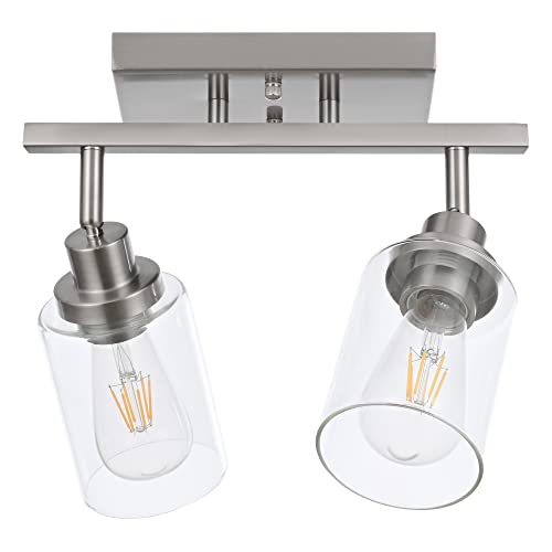 MELUCEE 2 Light Rotatable Track Lighting Kit Spotlight Semi Flush Mount Ceiling Light, Brushed Nickel Bathroom Lights Wall Scone for Hallway Porch Foyer Bath Storage, Clear Glass Shade