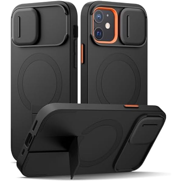 SURITCH Magnetyczna obudowa kompatybilna z iPhone 12/12 Pro, odporna na wstrząsy obudowa z przesuwaną pokrywą aparatu i regulowanym uchwytem (czarna)