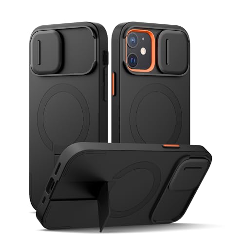 SURITCH for iPhone 12/12 Pro Case with Magnetic Camera Slide Cover and Adjustable Kickstand, Compatible with MagSafe, Shockproof Bumper Case Slim Protective Cover for iPhone 12/12 Pro 6.1 Inch, Black