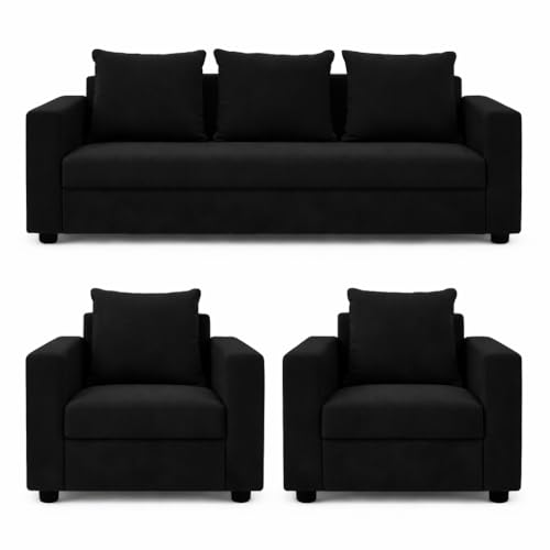 Image of Wood 3+1+1 Sofa Set 5 Seater | Velvet Fabric Upholstery | Wooden Frame Sofa Set with 3 Seater & 2 Single Chairs for Living Room, Home & Office (Black)
