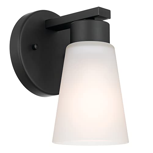 Image of Kichler Stamos Wall Sconce 1-Light with Satin Etched Glass, Modern Bathroom or Hallway Light in Black, (8 inch H x 5 inch W x 6 inch D)