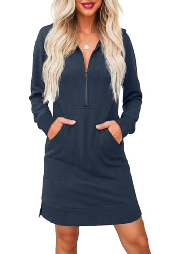 PrinStory Jumper Dress for Women UK Long Sleeve Half Zip V Neck Sweatshirt Dress with Side Pockets Casual Polo Jumper Sweatshirt (Dark Blue, L)