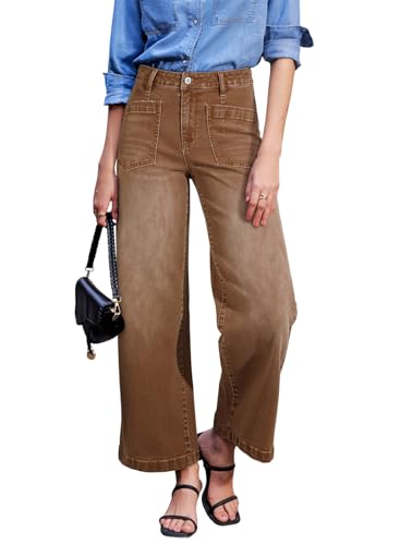 Sidefeel Women's Wide Leg Jeans High Waisted Straight Leg Stretchy Trendy Loose Zimbaplatinum Ankle Denim Pants Brown Size 12