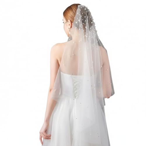 Voile de Mariée avec Perles Blanc 60 cm/95 cm, Voiles de Mariage Élégant pour Femmes, Bord Coupé Tulle de Mariée, pour Cérémonie Fiançailles Shooting Photo Fêtes, Peigne Intégré (95 cm Style 1)
