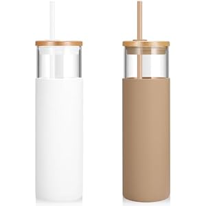 Tronco 32 oz Glass Tumbler with Lids and Straw, Reusable Iced Coffee Cup & Smoothie Cup with Bamboo Lid, Silicone Sleeve, Dishwasher Safe, BPA-Free Borosilicate Glass, 2 Pack