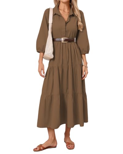 Image of Women Button Down Maxi Shirt Dress Long Sleeve Flowy Tiered Collared Dresses with Pockets