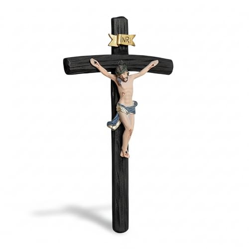 Kaltner Präsente Pomysł na prezent: 15 cm krzyż ścienny krucyfiks z drewna świerk czarny bejcowany — ręcznie malowana figurka Jezusa Chrystusa z wysokiej jakości odlewu sztucznego z żywicy – dekoracja