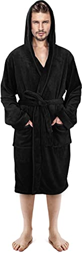 NY Threads Luxury Men’s Hooded Dressing Gown Super Soft Men’s Fleece Robe Cozy Hooded Plush Loungewear, X-Large, Black