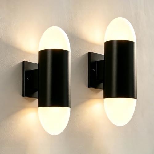 Image of JYV Outdoor Wall Lights, Cylinder Up and Down Porch Lights, Black 2Packs | IP65 Waterproof, stainless steel, Exterior Light Fixtures Wall Mount with 2 * 7W Bulbs 3000K, for House Porch Patio Garage