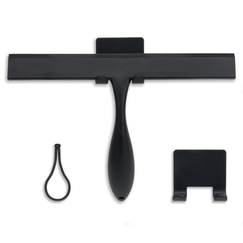 Image of FY&XZH Never Rust Silicone Shower Squeegee for Glass Doors with Hook, Bathroom Cleaner Tool, Household Window and Mirror Squeegee, Ergonomic Thick Handle Squeegee for Shower Glass, 11-Inch (Black)