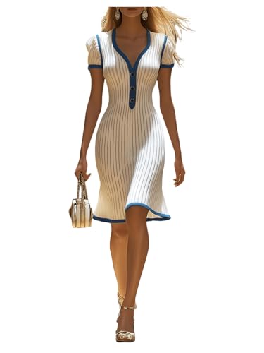 WDIRARA Women's Button V Neck Short Sleeve Sweater Dress Contrast