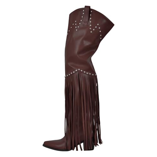 Image of richealnini Western Thigh High Cowboy Boots with Fringe Over Knee Wide Calf Cowgirl Boots