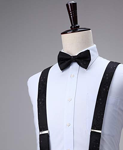 Image of HISDERN Suspenders for Men Paisley Floral Bow tie Suspender Pocket Square Sets Adjustable Y Shape 6 Clips Wedding Braces