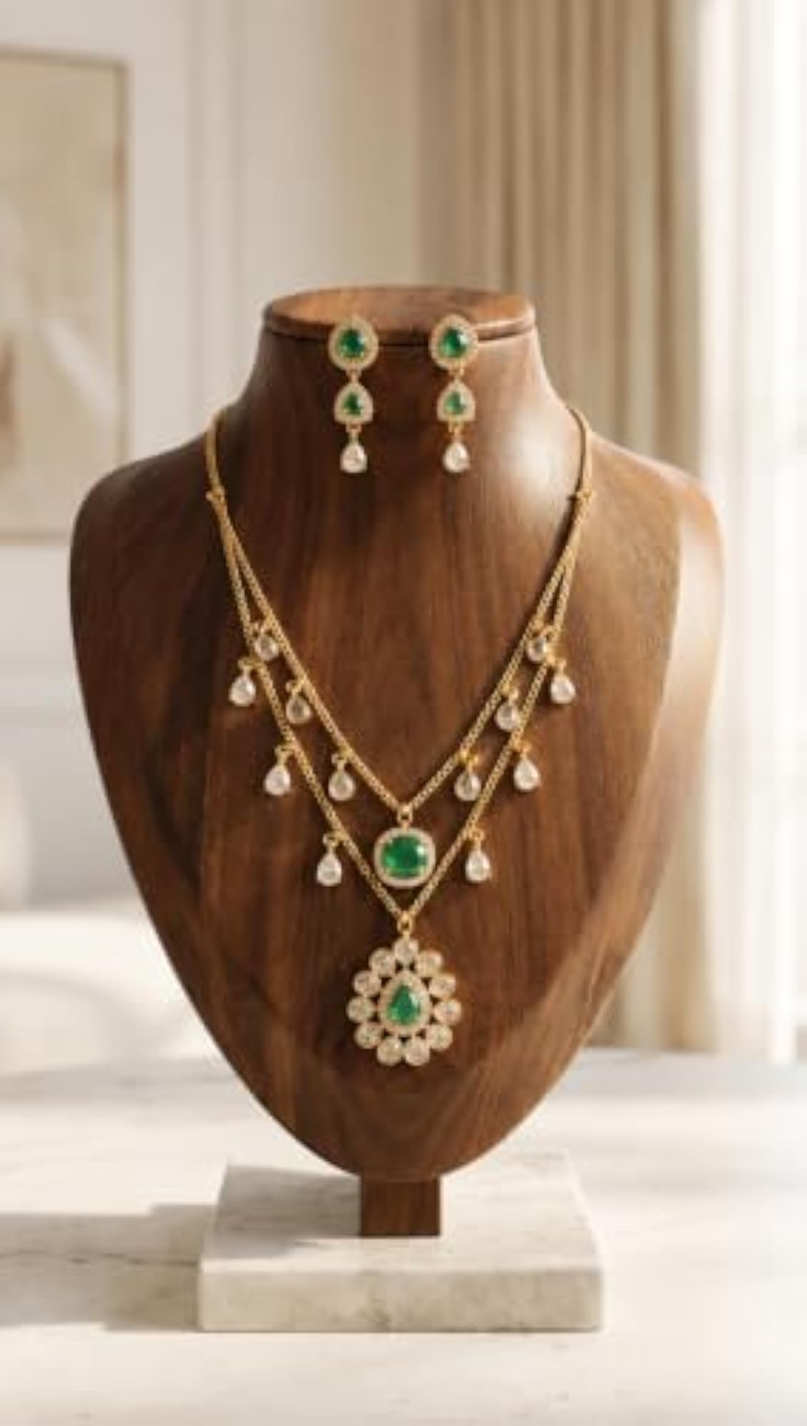Premium Gold Plated Emerald Green Layered Necklace Set