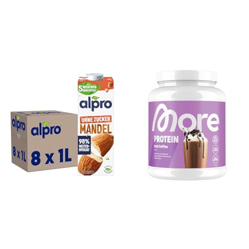 NEU: Alpro Mandeldrink Ohne Zucker, 8 x 1 L Haltbar und MORE Protein, Eiskaffee, 600 g