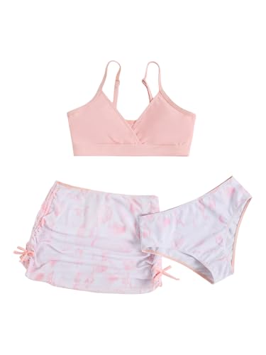 Image of COZYEASE Girls' 3 Piece Set Floral Print Bikini Swimsuit with Drawstring Beach Skirt Cute Ruched Bathing Suit