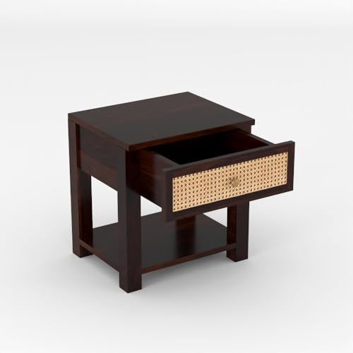 Image of Solid Sheesham Wood Bedside Table with Cane Rattan Drawer & Open Storage Shelf | Wooden Nightstand for Bedroom, Living Room & Guest Room (Walnut Finish)