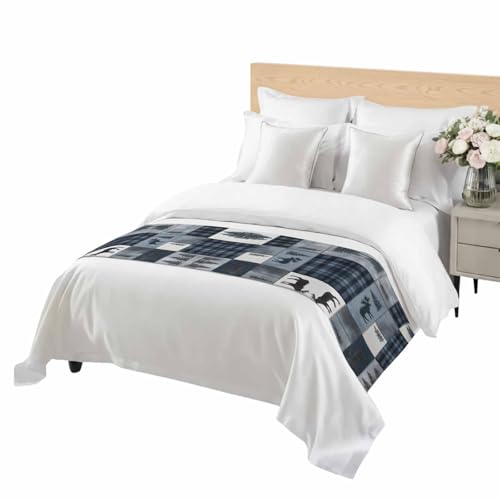Bear Moose Bed Runner Cal King Size Blue Retro Forest Wild Animal Buffalo Plaid Patchwork Soft Bed Scarf for Foot of Bed, Decorative Bedding Scarf Protection for Hotel Home Bedroom 102 x 20 Inch