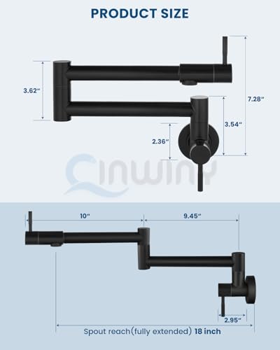 Pot Filler Faucet Wall Mounted Folding Stretchable Kitchen Sink Water Tap with Double Joint Swing Arm Single Hole Two Handles Restaurant Kitchen Faucets, Matte Black, Level Handle