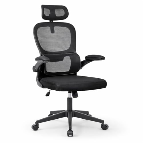 Silla de oficina ergonómica con respaldo de malla transpirable y reposacabezas ajustable | Asiento acolchado, reposabrazos abatibles y base resistente con ruedas giratorias | Diseño moderno