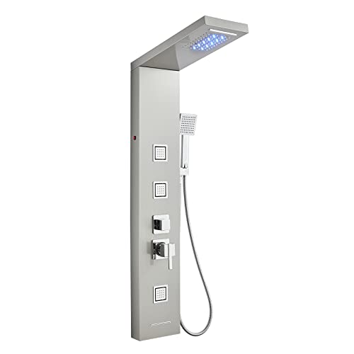 MENATT Shower Panel Tower System with LED Lights, 5 In 1 Shower Panel with Rainfall and Waterfall Shower Head, 3 pcs Massage Spray, Handheld Shower, Waterfall Tub Spout