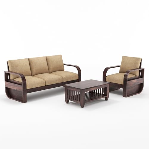 Image of Solid Sheesham Wood 4 Seater Sofa Set | Wooden Sofa Set for Your Living Room with Brown Cushions | Four Seater Sofa Set for Home (3+1 Mett, Walnut)