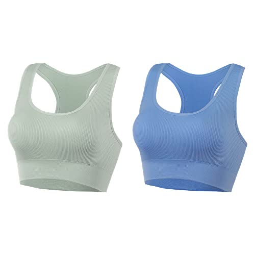 Women's Seamless Ribbed Bra with Racerback Medium Support Activewear Sports Bra with Removable Pads, Wide Straps Comfort Fit for Everyday Yoga Green Blue, M