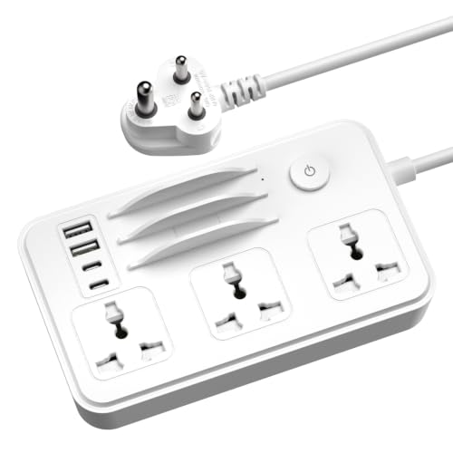 Image of Vismac Extension Board 3 Universal Sockets + 2 USB Ports + 2 Type C Ports| Master Switch | 1.5M BIS Cord | 2300W Load Capacity| 1-Year Warranty | Fire Resistant | for Home & Office and Workspace.